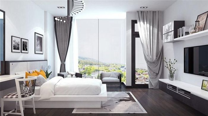  Bước vào phòng ngủ, gam màu trắng tiếp tục thống trị, tăng thêm sức hấp dẫn cho căn phòng. 