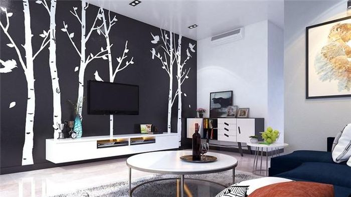  Giấy dán tường sau tivi, sơn màu đen, tạo sự tương phản mạnh mẽ. 