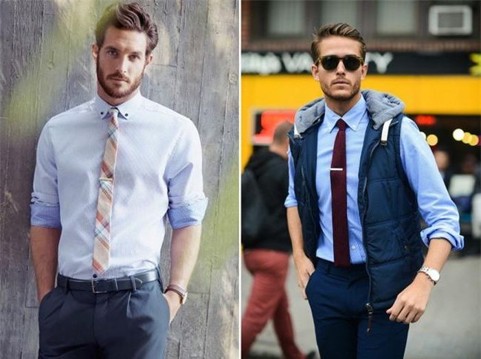 Áo sơ mi xắn tay kết hợp cà vạt mảnh cho bạn một vẻ ngoài năng động.