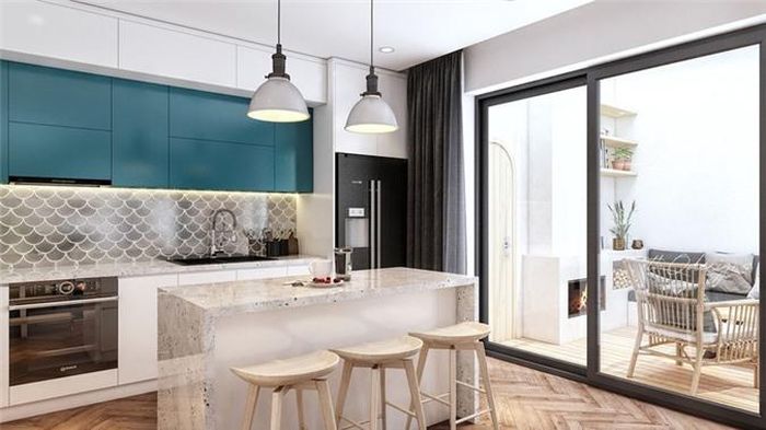 Tủ bếp trên màu xanh ngọc bích là một trong những màu sắc thường được sử dụng trong phong cách nội thất thập niên 70.