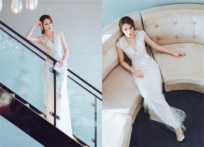 Nhiệt Ba diện váy Jenny Packham và trang sức (dây chuyền, khuyên tai) của hãng Mikimoto tại Liên hoan phim Bắc Kinh 2019.