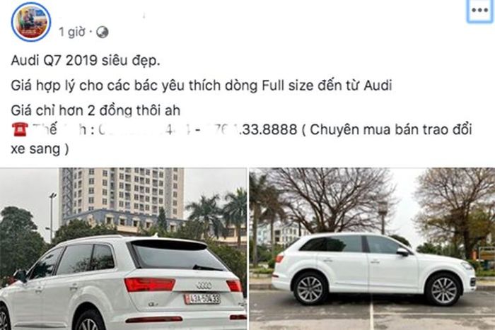 Theo người chòa bán, mức giá xe Audi Q7 2019 trong bài viết này chỉ khoảng hơn 2 tỷ đồng (chưa thương lượng). Đáng chú ý khi được chào bán tại thị trường Việt Nam vào hồi giữa năm 2018, Audi Q7 2019 được niêm yết từ 3,489 đến 4,090 tỷ đồng, như vậy chiếc xe phiên bản cao cấp nhất này sẽ bị lỗ tới hơn 1 tỷ đồng sau 1 năm lăn bánh.