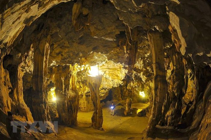 Hang tối với vẻ đẹp của vô vàn nhũ và cột đá. (Ảnh: Minh Đức/TTXVN)