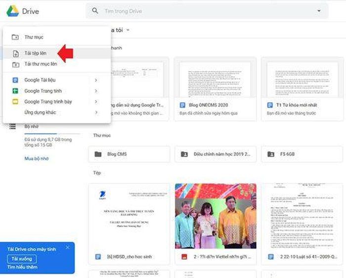  Bấm "Mới" => "Tải tệp lên" và chọn file Excel cần chia sẻ. 