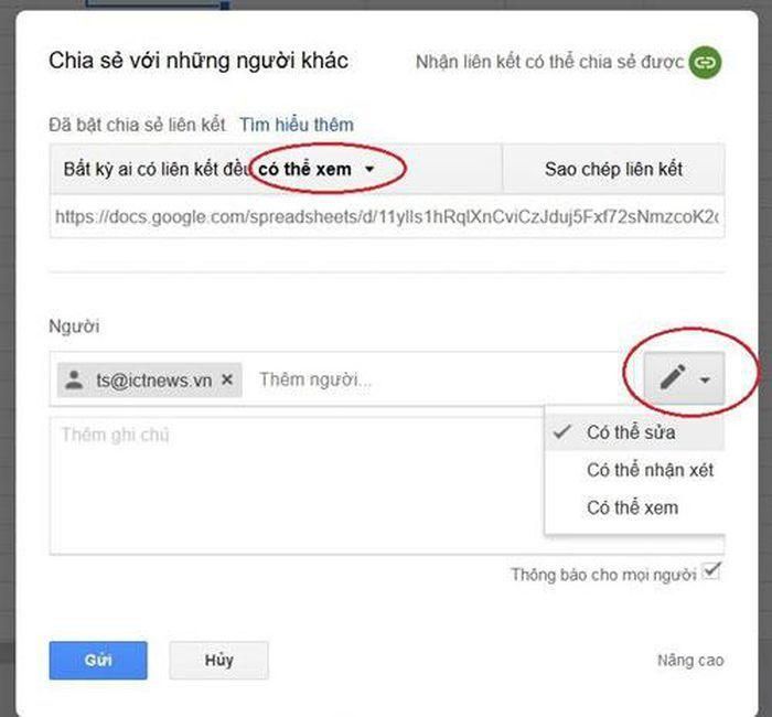 Dù chia sẻ bằng cách nào thì quyền của người nhận cũng được chia làm 3 mức độ tùy theo bạn cấp mức nào, gồm: Có thể sửa, Có thể nhận xét, Có thể xem.