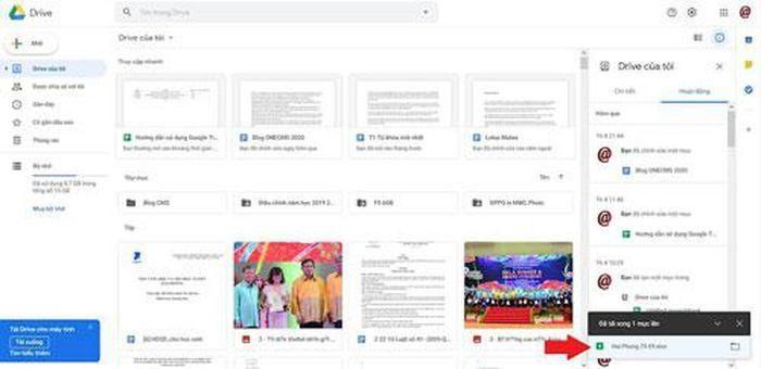 Sau khi đã tải file Excel lên Google Drive, chúng ta có thể mở file ngay phần thông báo file mới.