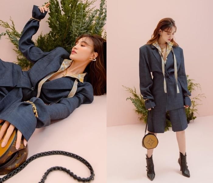 Ninh Dương Lan Ngọc khác lạ trong bộ cánh mang hơi thở của thời trang menswear với vai áo vuông vức, quần ngắn ống suông màu xanh hợp mốt. Nữ diễn viên khéo tạo điểm nhấn nữ tính với chi tiết ve áo họa tiết màu be, mang lại sắc thái tương phản rõ nét. Đồng thời, cô tạo nút thắt phần cổ tay làm tay áo có độ xòe nhẹ. Lan Ngọc kết hợp cùng phụ kiện là túi xách tròn với họa tiết monogram đặc trưng từ thương hiệu Louis Vuitton.
