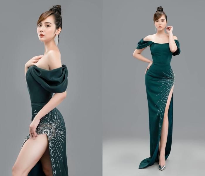 Nữ diễn viên Huyền Lizzie gợi cảm trong thiết kế đầm dài xẻ tà với loạt điểm nhấn tôn lên tối đa lợi thế hình thể. Chi tiết vai trễ mang nét yêu kiều, đồng thời giúp cô khéo tôn lên xương quai xanh quyến rũ, đường chiết eo lại thu hút ánh nhìn vào vòng 2 thon gọn. Huyền Lizzie tạo một cái nhìn thanh thoát cho cả tổng thể khi kết hợp cùng giày bạc mũi nhọn và tóc búi cao.