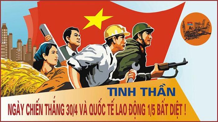 Một bức tranh cổ động chào mừng Ngày chiến thắng 30-4 và Quốc tế Lao động 1-5. 