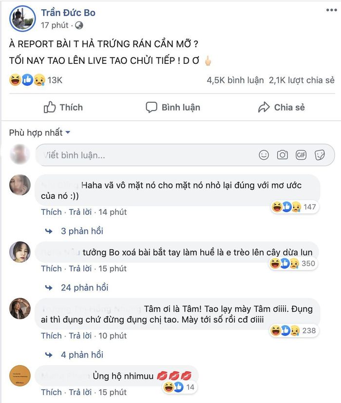 Mặc kệ những lời giải thích của Thanh Tâm, Trần Đức Bo cho biết bài viết của anh đã bị ai đó báo cáo nên buộc phải xóa, chính bởi vậy anh chàng sẽ tiếp tục livestream để nói về việc này.
