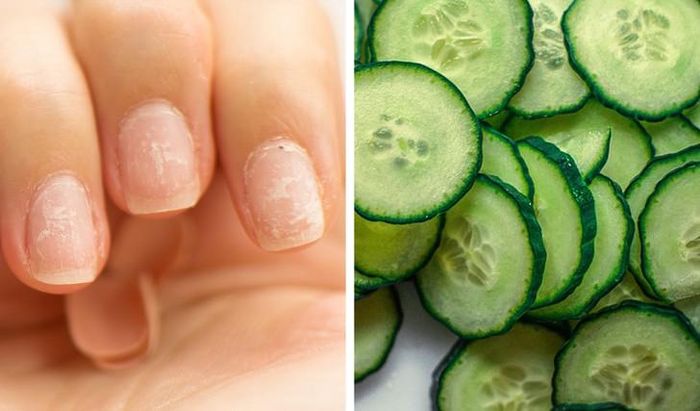 Để khắc phục tình trạng móng tay giòn, yếu, bạn có thể ngâm móng vào nước ép dưa chuột trong khoảng 5 phút. Loại quả này không chỉ chứa nhiều vitamin A, E, B1, B3, C… mà còn chứa canxi và sắt, hỗ trợ móng phục hồi, khỏe mạnh hơn.