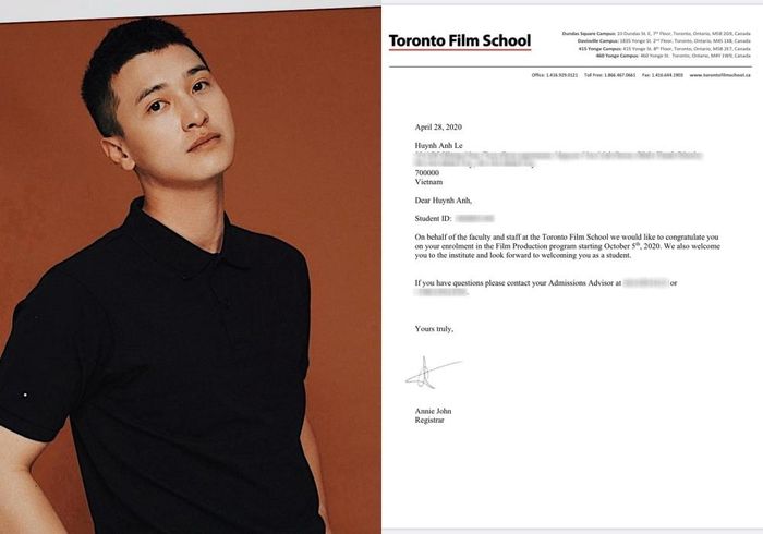 Huỳnh Anh hào hứng chia sẻ với người hâm mộ ảnh chụp giấy báo nhập học của Toronto Film School – một trong những trường về làm phim, giải trí hàng đầu tại Canada. Nam diễn viên cho biết: “30 tuổi đầu rồi, bây giờ chính thức chuẩn bị quay trở lại thời sinh viên cắp sách đến trường. Thanh xuân trở lại. Lần này sẽ để nó diễn ra thật từ từ. Mọi khoảnh khắc đi qua sẽ đều là những trải nghiệm và kỉ niệm đáng quý. Mình sẽ trân trọng và tận hưởng nó. Rút kinh nghiệm từ bài học thanh xuân hồi 20. Không vội, không hối!”.