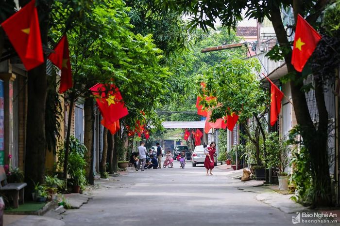 Không chỉ các tuyến đường lớn, các ngõ phố ở Vinh cũng ngập tràn sắc cờ Tổ quốc. Trong ảnh: Ngõ B1, đường Duy Tân. Ảnh: Đức Anh
