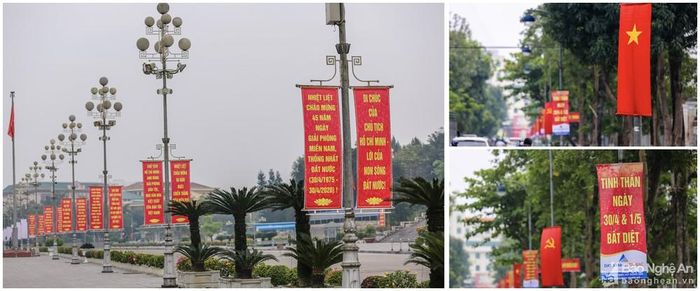 Tại các điểm công cộng cũng được trang hoàng bằng các biểu ngữ có nội dung chào mừng các ngày lễ trọng đại như kỷ niệm ngày giải phóng miền Nam, thống nhất đất nước (30/4), ngày Quốc tế Lao động (1/5) và ngày sinh Chủ tịch Hồ Chí Minh (19/5). Ảnh: Đức Anh
