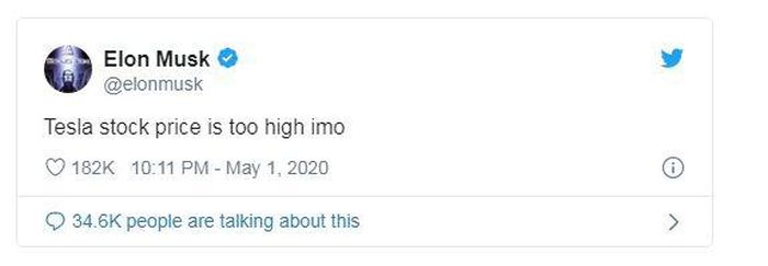 Dòng tweet khiến cổ phiếu Tesla lao dốc ngày 1/5. Ảnh: Bloomberg.