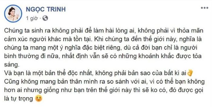 Status của Ngọc Trinh trên Facebook.