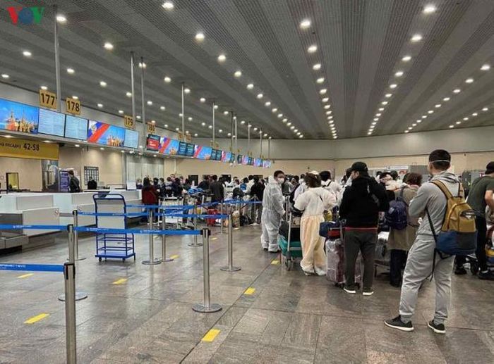 Hành khách trên chuyến bay đặc biệt xếp hàng làm thủ tục.