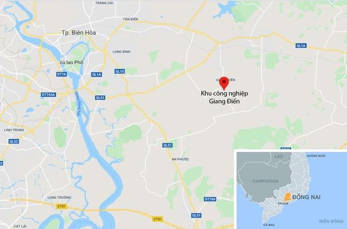 Vụ việc xảy ra tại khu công nghiệp Giang Điền (chấm đỏ) thuộc huyện Trảng Bom, tỉnh Đồng Nai. Ảnh: Google Maps.
