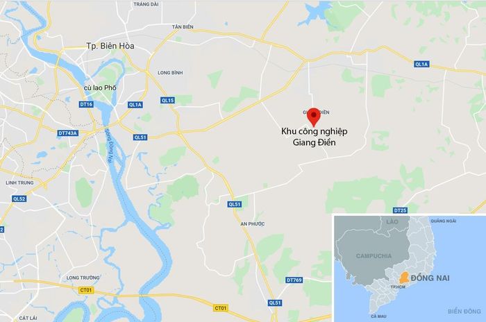  Vụ việc xảy ra tại khu công nghiệp Giang Điền (chấm đỏ), huyện Trảng Bom, cách TP Biên Hòa chừng 24 km. Ảnh: Google Maps. 