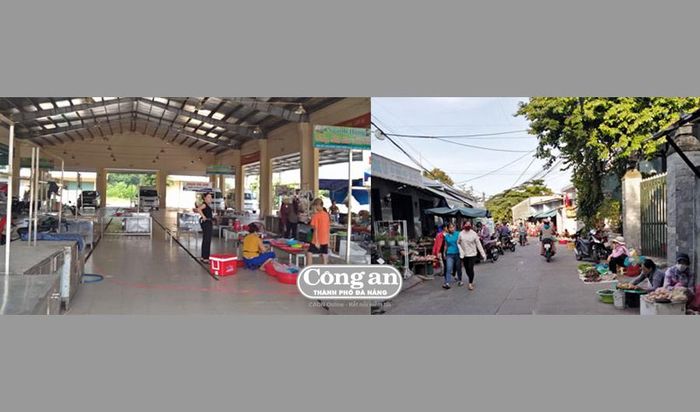 Chợ Hòa Phát vắng bóng người mua (ảnh trái), trong khi chợ Chiều lại buôn bán lấn chiếm vỉa hè, lòng đường.