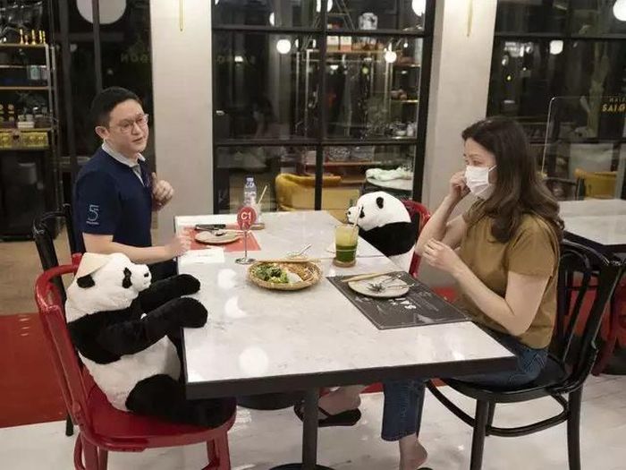 Thay vì dán giấy "Không được ngồi ở đây", nhà hàng đặt những chú gấu trúc nhồi bông vào thay thế. Ảnh: NVCC/Reuters.