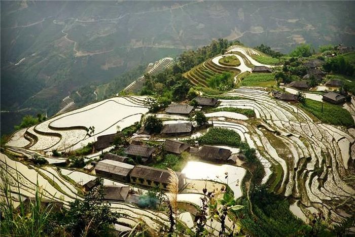 Đến đây, du khách nên tận hưởng khung cảnh ruộng bậc thang vào sáng sớm. Với những đường cong mềm mại, len lỏi trong đó là những làn mây trắng, ánh nắng chói chang buổi bình minh cùng với những mái nhà nhấp nhô và hít hà hương vị của núi rừng. Ảnh: Anphuongtrang.