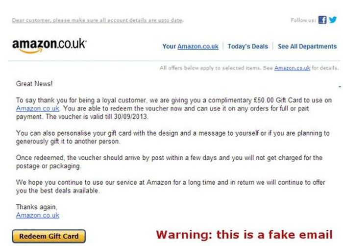 Một e-mail cho phiếu quà tặng của Amazon - hàng "fake" mà như "auth" vậy!