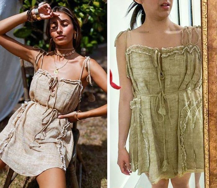  Những sản phẩm khả năng cao sẽ không như ý nếu mua hàng qua mạng là váy áo có kiểu dáng điệu đà và chất liệu độc lạ hơn bình thường. Bạn nữ trong ảnh kể rằng mình đã bỏ ra 60 USD với hy vọng mua được chiếc váy thời thượng. Tuy nhiên, thứ cô nhận về lại chẳng khác gì túi đựng khoai tây ở các nông trại. 