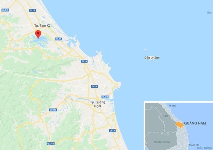  Khu vực hồ Phú Ninh, xã Tam Xuân 1, huyện Núi Thành, Quảng Nam (chấm đỏ), nơi xảy ra vụ việc. Ảnh: Google Maps. 