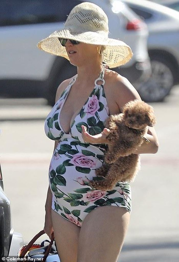 Katy Perry bế cún cưng đi tắm biển.