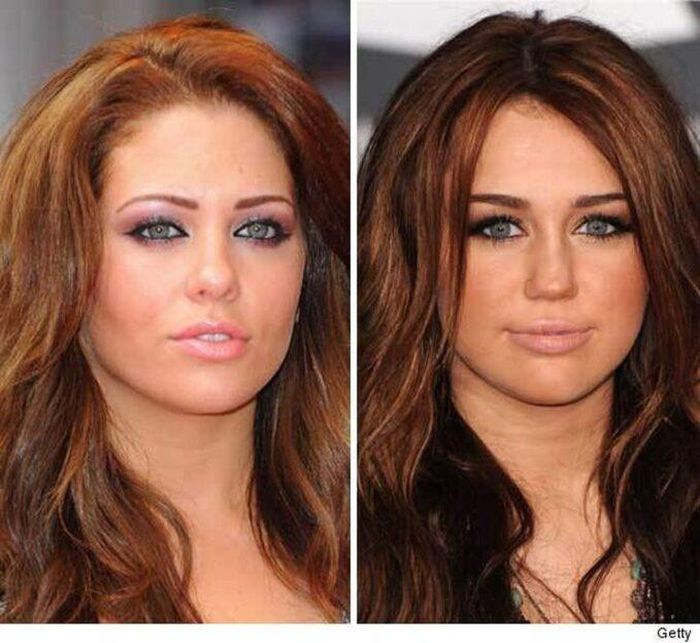 Diễn viên, người mẫu Anh quốc Bianca Gascoigne (trái) trông giống Miley Cyrus thời chưa nổi loạn. Hai người có màu mắt,tóc và đôi môigần như tương đồng.