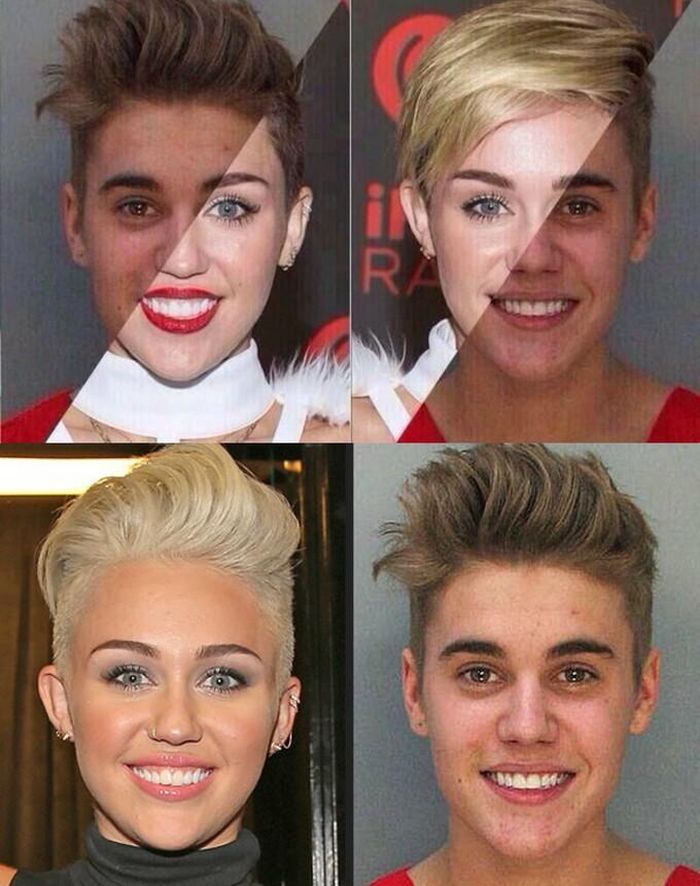 Từng có thời Miley và Justin Bieber được nhận xét là rất giống nhau. Không chỉcó độ tuổi gần nhau, mái tóc vàng và sự nghiệp nhạc pop thành công, đường nét khuôn mặt họ cũng có nhiều điểm tương đồng. Các fan đã chứng minh bằng cáchghép khuôn mặthọ lại với nhau.