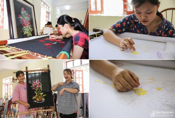 Bằng nghị lực, sự khéo léo, nhiều nữ sinh đã làm nên những bức tranh thêu bắt mắt. Ảnh: Đức Anh