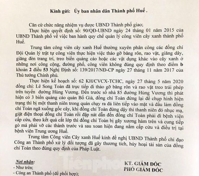 Kiến nghị của lãnh đạo Trung tâm Công viên Cây xanh lên UBND TP Huế.