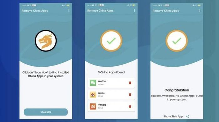 Remove China App cho phép người dùng nhận biết và xóa các ứng dụng của Trung Quốc.Ảnh: Abacus.