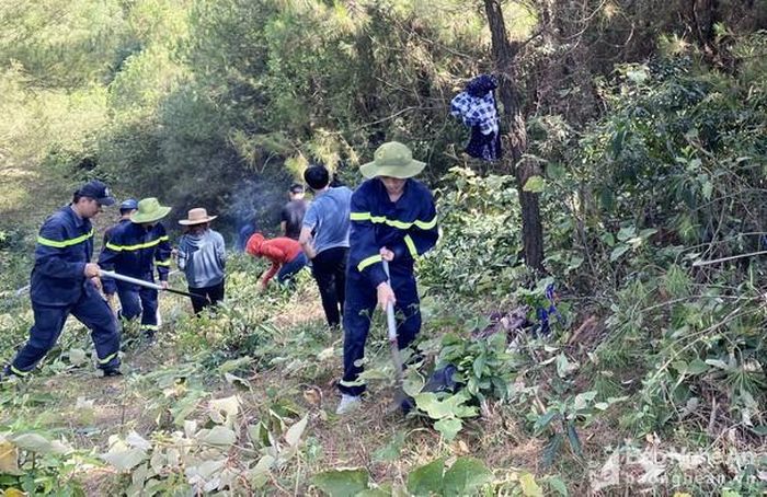 Hơn 400 đoàn viên, thanh niên tiến hành phát quang đường băng cản lửa, thu gom thực bì tại dãy núi Đại Huệ (huyện Nam Đàn) sau lễ phát động. Ảnh: Phú Nam