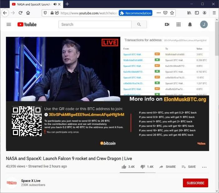 Một trong các kênh YouTube giả danh trang của tập đoàn SpaceX