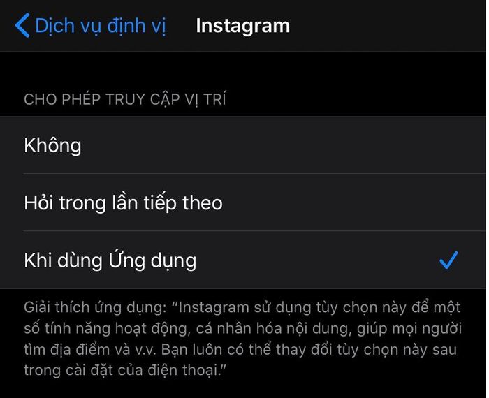 Người dùng có thể tắt khả năng theo dõi vị trí của Instagram. Ảnh: Chụp màn hình.