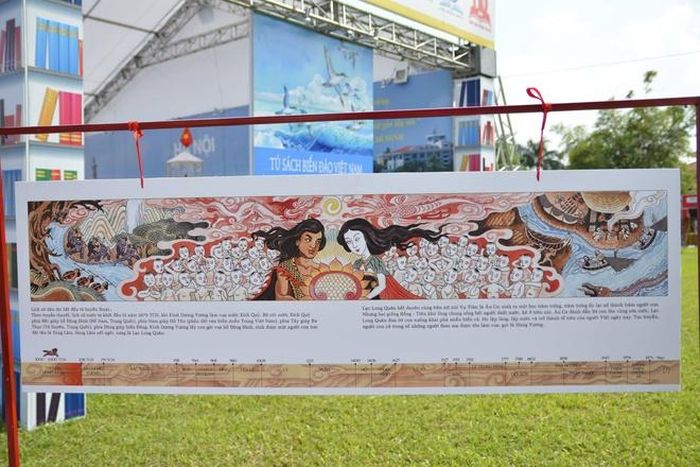  Một trang sách trải dài của cuốn Lược sử nước Việt bằng tranh với hình vẽ minh họa sinh động. Ảnh: Kim Đồng Kids. 
