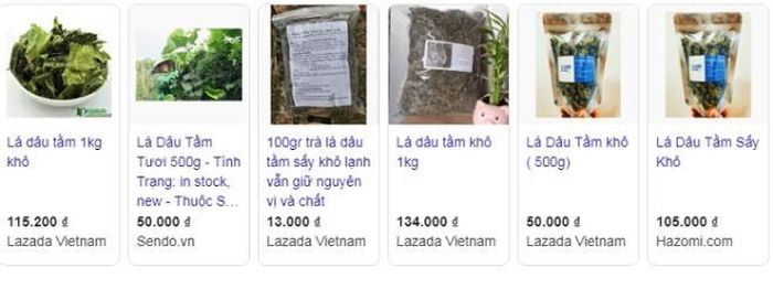 Lá dâu khô rao bán trên sàn thương mại điện tử. (Ảnh chụp màn hình)