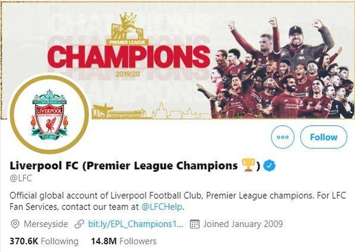  Trang mạng xã hội chính thức của Liverpool đổi tên sau chức vô địch lịch sử. Phần tên trong ngoặc có nghĩa "Nhà vô địch Premier League". 