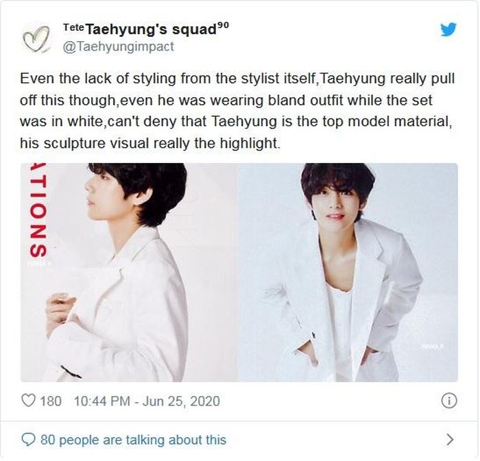 Một cộng đồng hâm mộ V BTS suýt xoa: "Dù thiếu điểm nhấn phong cách từ stylist, Taehyung thực sự vẫn nổi bật. Mặc đồ trắng trên phông chụp màu trắng - không thể phủ nhận việc Taehyung có những tố chất của một người mẫu đỉnh cao"