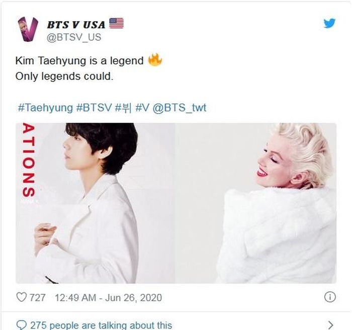Cộng đồng fan Mỹ cho rằng "Kim Taehyung (tên thật của V) là một huyền thoại" và chỉ có những huyền thoại như V hay Marilyn Monroe (ảnh phải) mới có thể tỏa sáng rực rỡ khi mặc đồ trắng trên phông chụp ảnh trắng