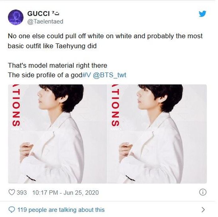 Trang mạng xã hội của Gucci bình luận: "Không ai có thể nổi bật khi mặc đồ trắng chụp trên nền trắng, và nhất lại là trong một bộ trang phục có thiết kế đơn giản như Taehyung"