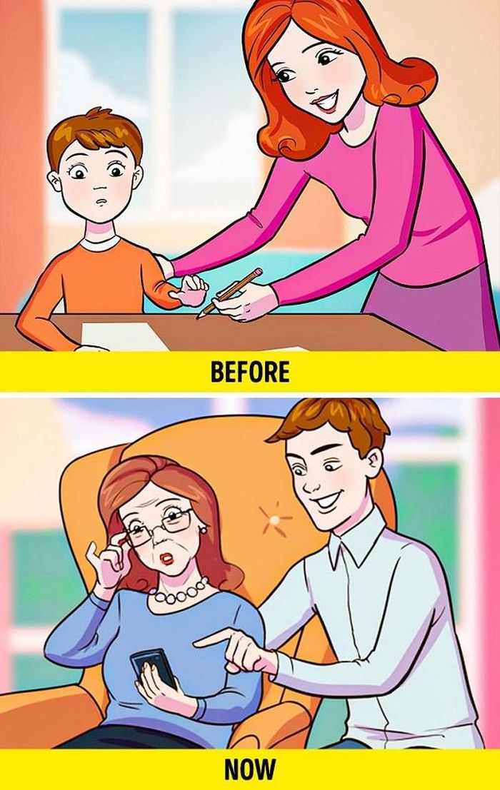 Trước đây, mẹ dạy con cách sử dụng bút chì. Bây giờ, con dạy mẹ cách sử dụng điện thoại di động.