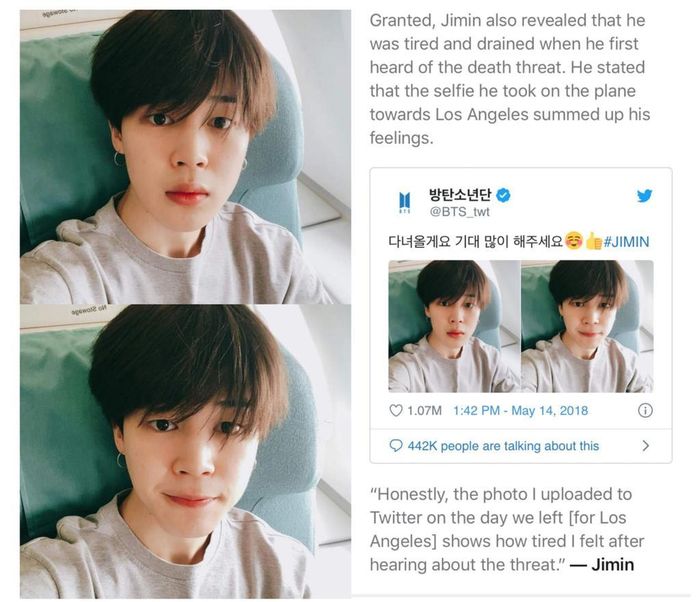 Jimin từng bày tỏ sự mệt mỏi sau khi nghe về đe dọa giết anh