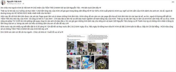 Anh Việt Anh chia sẻ rằng sẽ mở thêm địa điểm bán trà chanh tại hai cơ sở trong Đà Nẵng và Hồ Chí Minh. Ảnh: Facebook Nguyễn Việt Anh.