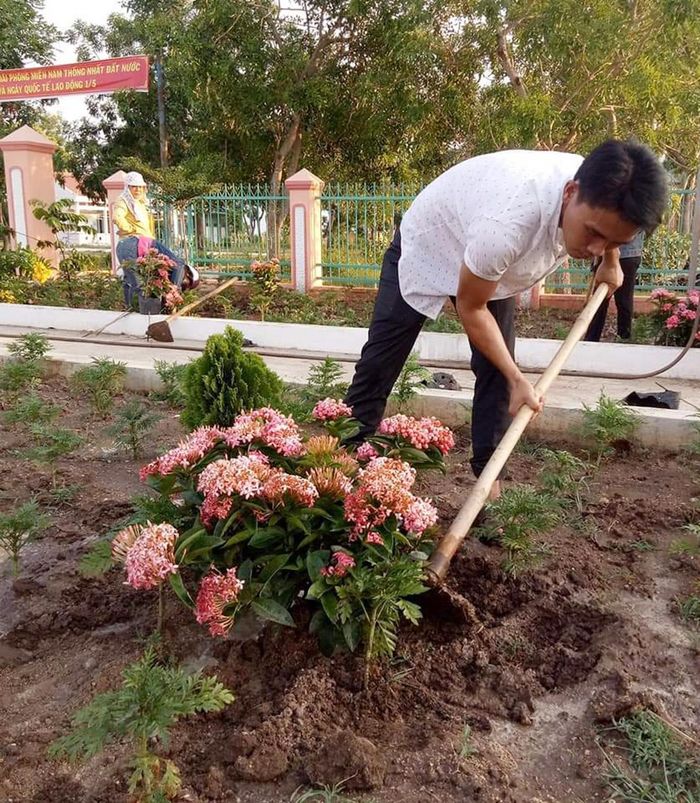 Cán bộ xã Chrôh Pơnan (huyện Phú Thiện) thay phiên chăm sóc vườn hoa trước trụ sở UBND xã. Ảnh: K.H