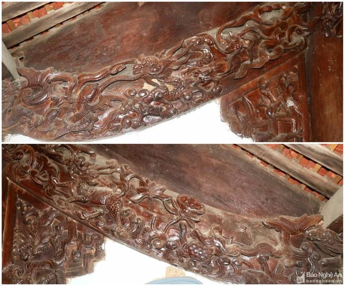Trên các kẻ trước của thượng điện được điêu khắc chạm trổ hình tứ linh, hoa sen, vân mây, sóng nước... sống động, uyển chuyển. Ảnh: Huy Thư