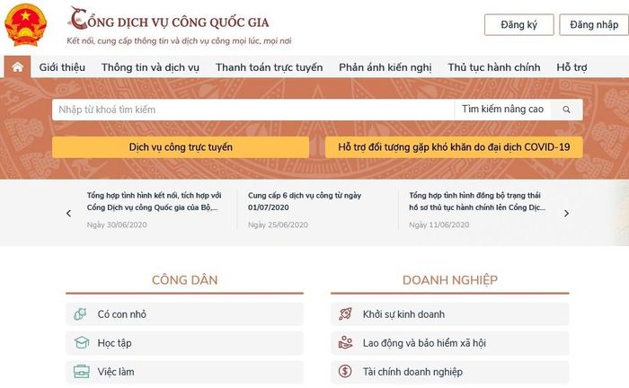 Giao diện Cổng dịch vụ công quốc gia. 